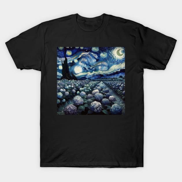 Enchanted Flower Garden Night: Hydrangea Starry Floral T-Shirt by Edd Paint Something